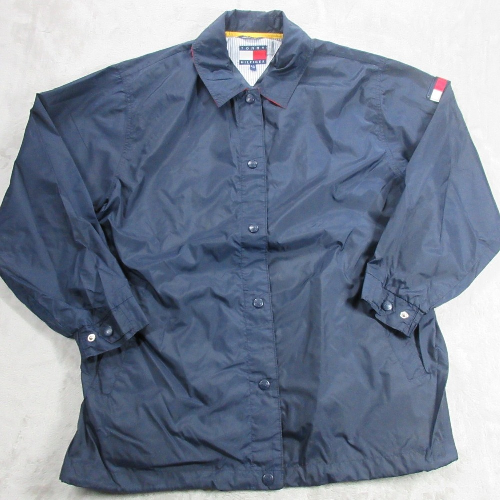 Tommy Hilfiger Jacket Womens Large Nylon Windbreaker Blue Button Up 90s Vintage